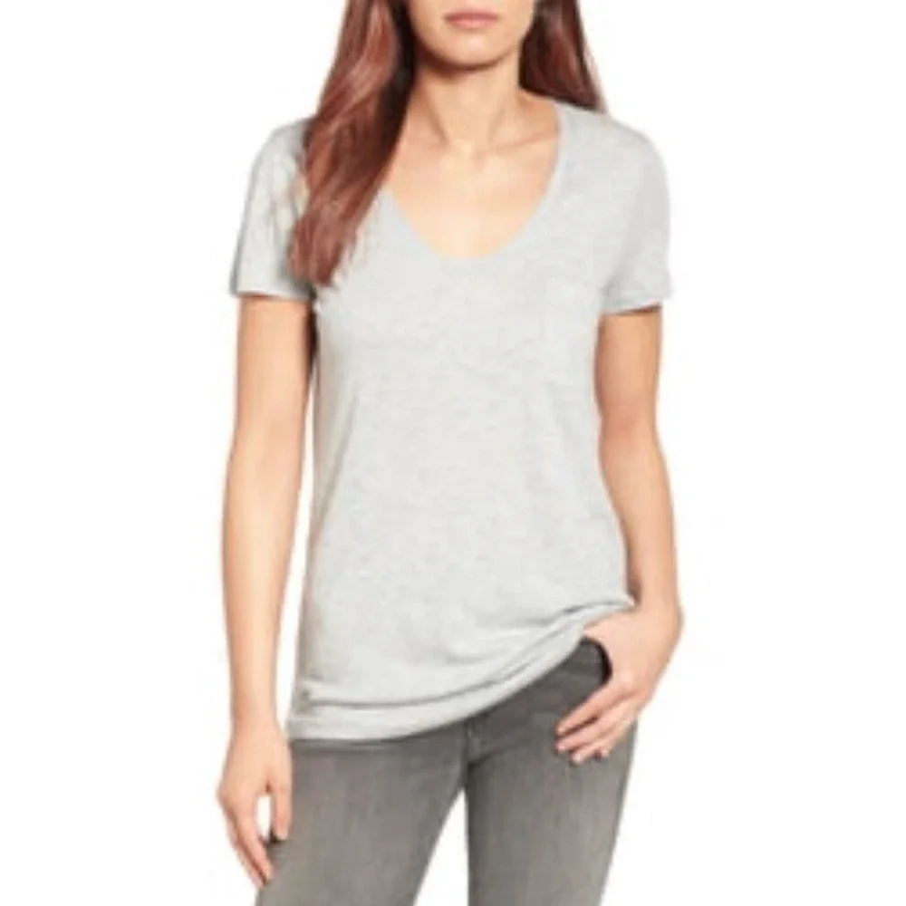 Caslon Women's Rounded V Short Sleeve Cotton/Modal Pocket Tee in Grey Heather XS